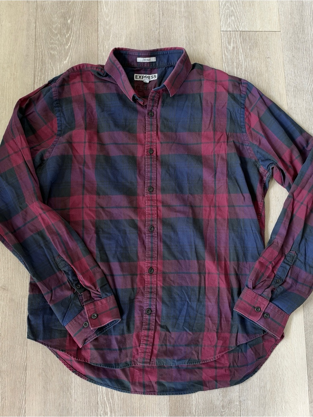 Express Men’s Burgundy & Navy Plaid Button-Down Shirt